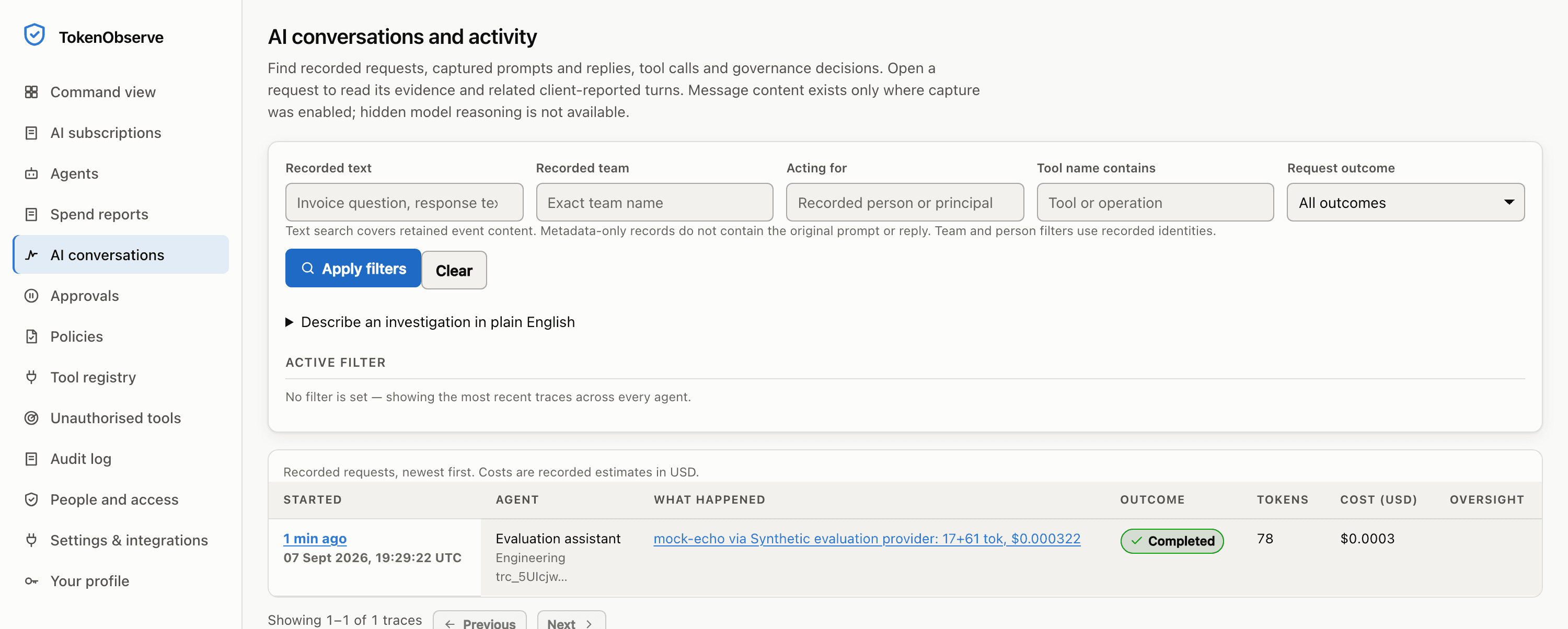 The AI conversations and activity screen. Filters for recorded text, team, the person or principal an agent acted for, tool name and outcome sit above a collapsed plain-English investigation search. One recorded request is listed: an evaluation assistant, completed, 78 tokens, $0.0003. The page states that message content exists only where capture was enabled and that hidden model reasoning is not available.
